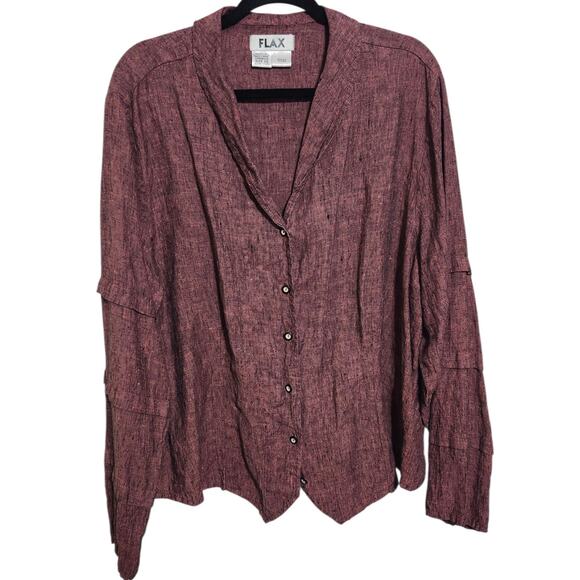 Flax Shirt Womens 2G Pink Linen Button Up Front Long Tiered Sleeve Lightweight - Picture 2 of 4